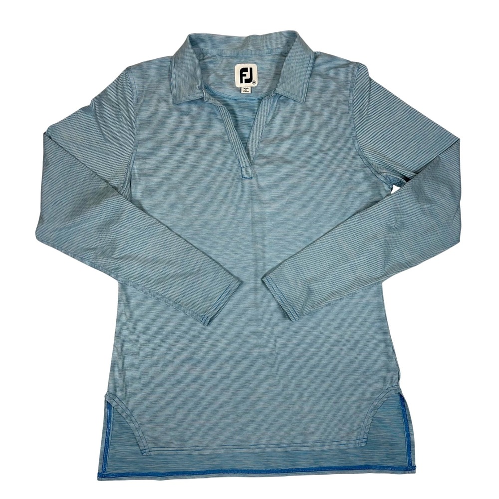 FootJoy Women Blue White Striped Long Sleeve Golf Polo Shirt V-Neck Medium